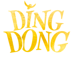 logo doré Ding Dong, le point du i est remplacé par un petit hibou en plein vol